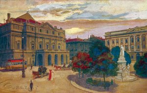 Milano / Milão: Piazza e Teatro della Scala (litografia a cores)