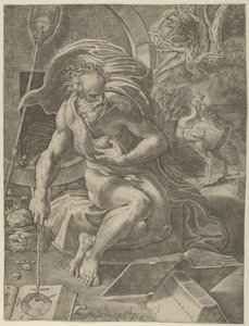 Diógenes sentado com seu barril atrás dele, e lendo um livro segurando um bastão..., ca. 1526-27. de Giovanni Jacopo Caraglio