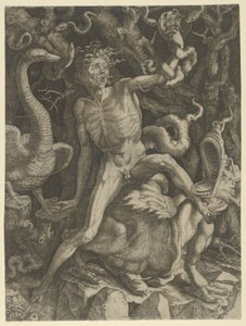Fúria personificada como um velho montado em um monstro, segurando uma caveira na mão esquerda, c..., ca.1520-39. de Giovanni Jacopo Caraglio