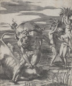 Hércules derrotando o deus do rio Aqueloo na forma de um touro, com três mulheres t..., ca. 1526-27. de Giovanni Jacopo Caraglio
