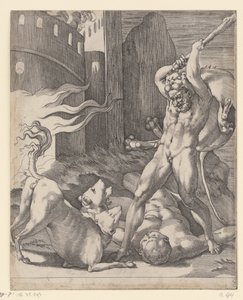 Hércules luta contra o Cerberus Cenas com Hércules (título da série) de Giovanni Jacopo Caraglio