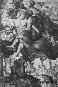 Ixion tentando seduzir Juno, cercado por nuvens com ruínas abaixo, ca. 1520-39. de Giovanni Jacopo Caraglio