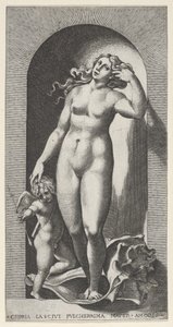 Gravura 10: Vênus em um nicho, de pé sobre uma concha, com Cupido à sua direita, de um ser..., 1526. de Giovanni Jacopo Caraglio