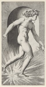 Gravura 11: Apolo montando sua carruagem em um nicho, virado para a direita, de uma série de mitologias..., 1526. de Giovanni Jacopo Caraglio