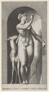 Placa 12: Diana de pé em um nicho, girando para a esquerda e puxando uma flecha de um qu..., 1526. de Giovanni Jacopo Caraglio
