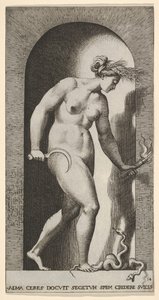 Gravura 14: Ceres em nicho, virado para a direita, de pé sobre uma cobra de duas cabeças e segurando um h..., 1526. de Giovanni Jacopo Caraglio
