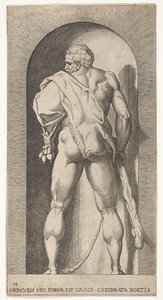 Ilustração 15: Hércules em pé em um nicho, vestindo uma pele de leão e segurando um porrete, visto de ..., 1526. de Giovanni Jacopo Caraglio