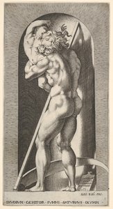Ilustração 1: Saturno em um nicho que devora seu filho, diante de uma foice, de uma série de m ..., 1526. de Giovanni Jacopo Caraglio