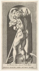 Ilustração 1: Saturno em um nicho que devora seu filho, diante de uma foice, de uma série de m ..., 1526. de Giovanni Jacopo Caraglio