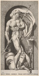 Gravura 5: Netuno em pé em um nicho segurando um tridente, com um cavalo-marinho hipocampo beh..., 1526. de Giovanni Jacopo Caraglio