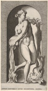 Ilustração 6: Thetis de pé em um nicho com uma concha e criatura marinha, derramando água de um ..., 1526. de Giovanni Jacopo Caraglio