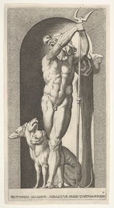Ilustração 7: Plutão em um nicho, segurando um bidente, com Cerberus ao lado dele, de uma série de m ..., 1526. de Giovanni Jacopo Caraglio