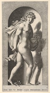 Ilustração 8: Prosperpina, de pé em um nicho, virando para a direita enquanto segura o manto em bo ..., 1526. de Giovanni Jacopo Caraglio