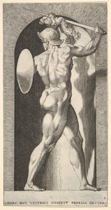 Ilustração 9: Marte em um nicho, segurando uma espada acima da cabeça com o braço direito e um escudo ..., 1526. de Giovanni Jacopo Caraglio