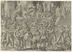Batalha entre os romanos e os sabinos Raptus Sabinaro (título no objeto) de Giovanni Jacopo Caraglio