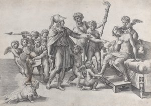 O casamento de Alexandre e Roxana, Alexandre cercado por putti, oferecendo uma coroa t..., 1520-39. de Giovanni Jacopo Caraglio