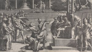O martírio de São Paulo e a condenação de São Pedro, 1524-27. de Giovanni Jacopo Caraglio