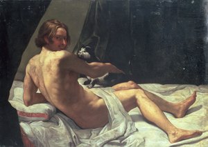 Jovem, deitado em uma cama com um gato, 1620