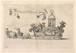 Um carro alegórico em Reggio, Itália: "A Carruagem Triunfal da Confraria do Santíssimo Sacramento de Santo Estêvão". Placa 2a de A. Isacchi, "Relação de Alfonso Isachi em torno do ou de Giovanni Luigi Valesio