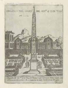 Obelisco egípcio no jardim da Villa Medici em Roma Obelisco nel giard.o del ser.mo G. D. Di Tosc.a (título no objeto) Monumentos e edifícios modernos e antigos em Roma (título da série) Ornamenti di fabriche antichi et moderni dell