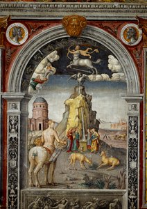 Signo do Zodíaco: "O Sagitário" Em cima de medalhões com retratos dos imperadores Didius Julianus e Commodus. Em baixo, legenda associada ao nascimento da constelação correspondente ao signo: vista do Monte Helicóptero com as fontes Aganippe a