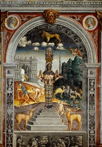 Signo do Zodíaco: "O leão" Em cima de medalhões com retratos dos imperadores Vitellius e Vespasiano. Em baixo, a legenda associada ao nascimento da constelação correspondente ao signo: a divindade Ártemis de Éfeso. Fresco atribuído a Giovanni Mar de Giovanni Maria Falconetto