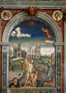 Signo do zodíaco: "Câncer" Abaixo, legenda associada ao nascimento da constelação correspondente ao signo: Hércules matando a Hidra de Lerne em frente ao Coliseu de Roma. Medalhões de topo com retratos dos imperadores Galba e Othon. Fresco