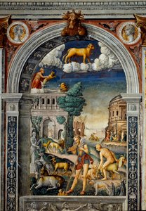 Signo do zodíaco: "O touro" Nos medalhões superiores com retratos de Tibere e Calígula. Em baixo, legenda associada ao nascimento da constelação correspondente ao signo: o deus Pan tocando a flauta. À esquerda, uma cabra põe uma pequena. B