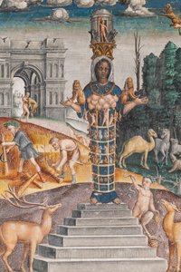 O signo astrológico de Leão com Diana, dois veados e um sátiro como num sarcófago no Palácio Bleinhaim; no fundo o Arco degli Argentari em Roma e Hércules lutando contra o leão Nemean, Câmara do Zodíaco (Camera dello Zodiaco), detalhe