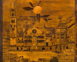 Coro Canónico Lignaino, Inlaid de Giovanni Maria Platina 1484, Upper Stall, Piazza del Duomo de Cremona