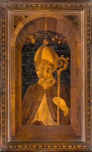 Coro canônico lignaino, Inlaid de Giovanni Maria Platina 1484, Stallo Superiore, Sant