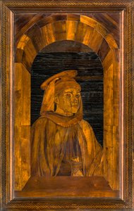 Coro Canônico Lignaino, Inlaid de Giovanni Maria Platina 1484, Stallo Superiore, Sant