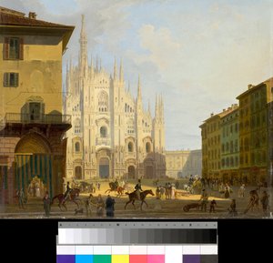 Vista da Piazza Duomo em Milão, Itália (Praça da Catedral em Milão) Pintura de Giovanni Migliara (1785-1837) 1828 Coleção particular