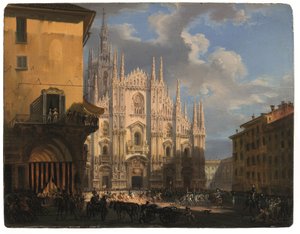 Vista da Piazza Duomo com o coperto dei Figini e o isolato del Rebecchino, Milão (óleo sobre painel)