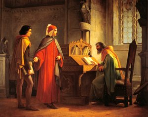 Dante Alighieri (1265-1321) apresentando Giotto a Guido da Polenta, de Giovanni Mochi (1829-1892), óleo a bordo