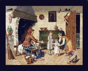 Placa pictórica que descreve a cena do interior de uma casa de campo com a mãe, duas meninas e um bebê dando seus primeiros passos, Florença, c.1900-10 (pietra dura) de Giovanni Montelatici