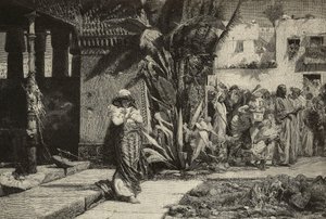 Madalena, mulher com turbante e procissão na aldeia do Médio Oriente, gravura dos irmãos Cantagalli de pintura de Giovanni Muzzioli (1854-1894), Modena, Itália de L
