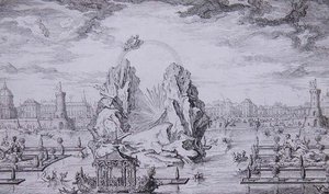 Fogos de artifício para Celebrar o Nascimento do Delfim (filho de Luís XV) gravados por Jean Dumont (Le Romain) (1701-81) 1730 (gravura) de Giovanni Niccolo (after) Servandoni