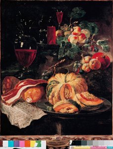 Ainda vida Abóbora, bacon, presunto, pêssegos e vinho. Pintura de Giovan Paolo Castelli dit Lo Spadino (1659-1730) 1703 Roma, Museu do Conservatori capitolini de Giovanni Paolo Castelli