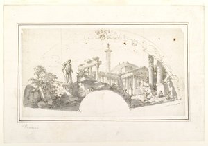 Desenho para um leque: Capriccio com ruínas romanas e o Hércules de Farnese