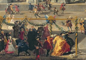 Preparação para a exibição de fogos de artifício realizada na Piazza Navona, Roma, para celebrar o nascimento do Dauphin, 1729 (detalhe de 91023) de Giovanni Paolo Pannini