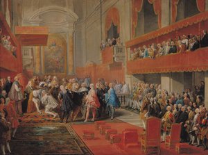 Apresentação da Ordem do Espírito Santo ao Príncipe Vaini por Paul-Hippolyte de Beauvillers (1684-1776) Duque de Saint-Aignan em 1732, c.1752 de Giovanni Paolo Pannini