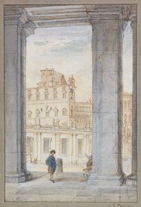Uma vista da Praça de São Pedro, embaixo das colunas de Bernini, a Capela Sistina e o Palácio Papal além; Uma vista da Place Saint Pierre de baixo das Colunatas de Bernini, da Capela Sistina e do Palácio Pontifício além, de Giovanni Paolo Pannini
