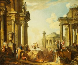 Marcus Curtius pulando no abismo, um capricho com a coluna de Trajano e outros edifícios clássicos além, de Giovanni Paolo Pannini