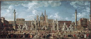 Preparativos para os fogos de artifício e decorações da festa dada em Roma em comemoração ao nascimento do golfinho Louis de France (óleo sobre tela de Giovanni Paolo Pannini