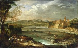 O Vale de Trebbia com o Castelo de Rivalta, c. 1720 de Giovanni Paolo Pannini