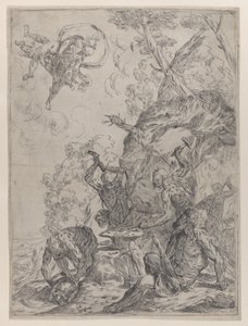 A forja de Vulcano com ferreiros golpeando uma bigorna com martelos..., 1640-59.