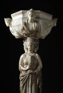 Benitier no pilar decora as três virtudes teologais e um decorador de tigela dos bustos das quatro virtudes cardeais (Marble stoup com coluna com as três virtudes teologais e fonte de água com as quatro virtudes cardeais) Escultura de Giovanni Pi de Giovanni Pisano