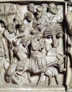Detalhe dos relevos da cadeira realizados por Giovanni Pisano (1248-1314): Detalhe dos relevos do púlpito de mármore, voo para o Egipto 1302-1311 Cathedrale de Pisa (Duomo di Pisa), Itália de Giovanni Pisano