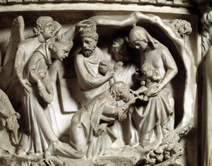 Detalhe dos relevos da cadeira realizados por Giovanni Pisano (1248-1314): Detalhe dos relevos do púlpito de mármore, a adoração dos magos 1302-1311 Catedral de Pisa (Duomo di Pisa), Itália de Giovanni Pisano